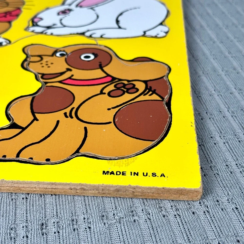 Vintage My Pets Wooden Peg Puzzle 4 Pieces Cat Dog Rabbit Puppy Made in USA